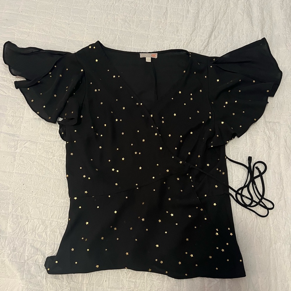 Gianni Bini- wrap top, black with small gold stars, split sleeves, size Large